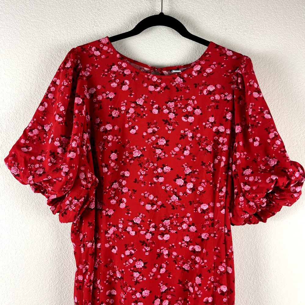 Old Navy Floral Maxi Dress Womens XXL Tall Red Puff Sleeve Open Back Front Slit - Picture 4 of 15